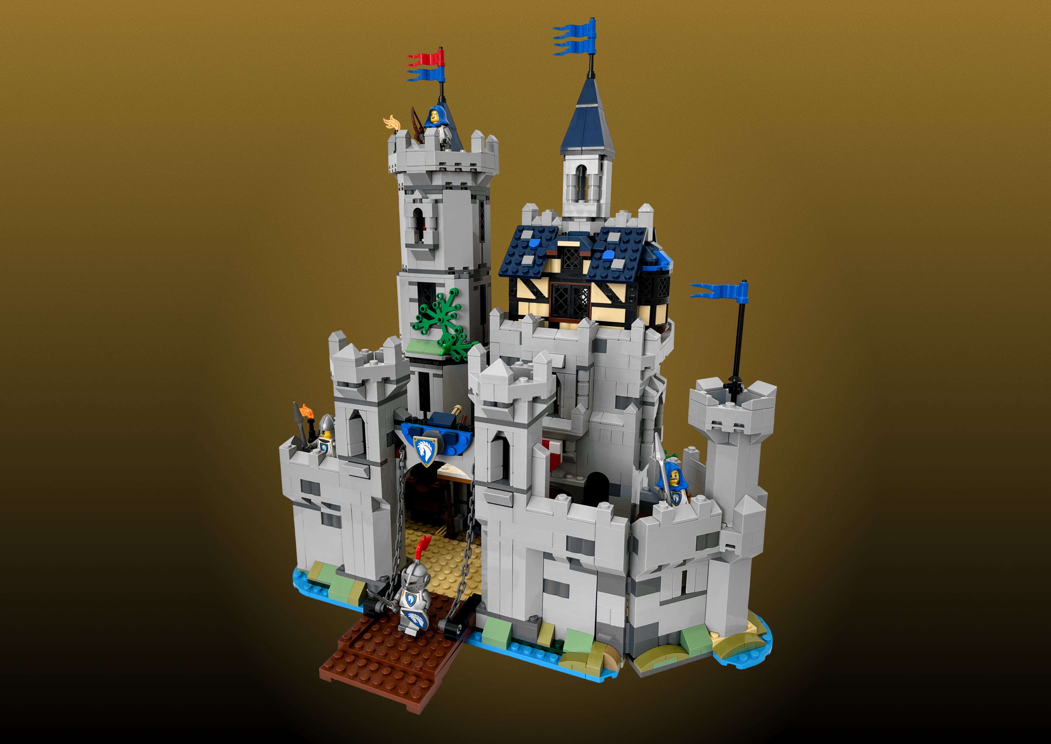 Custom LEGO® Medieval Horse Knight Castle MOC combining two 31168 sets into a unified display castle model with detailed interior.