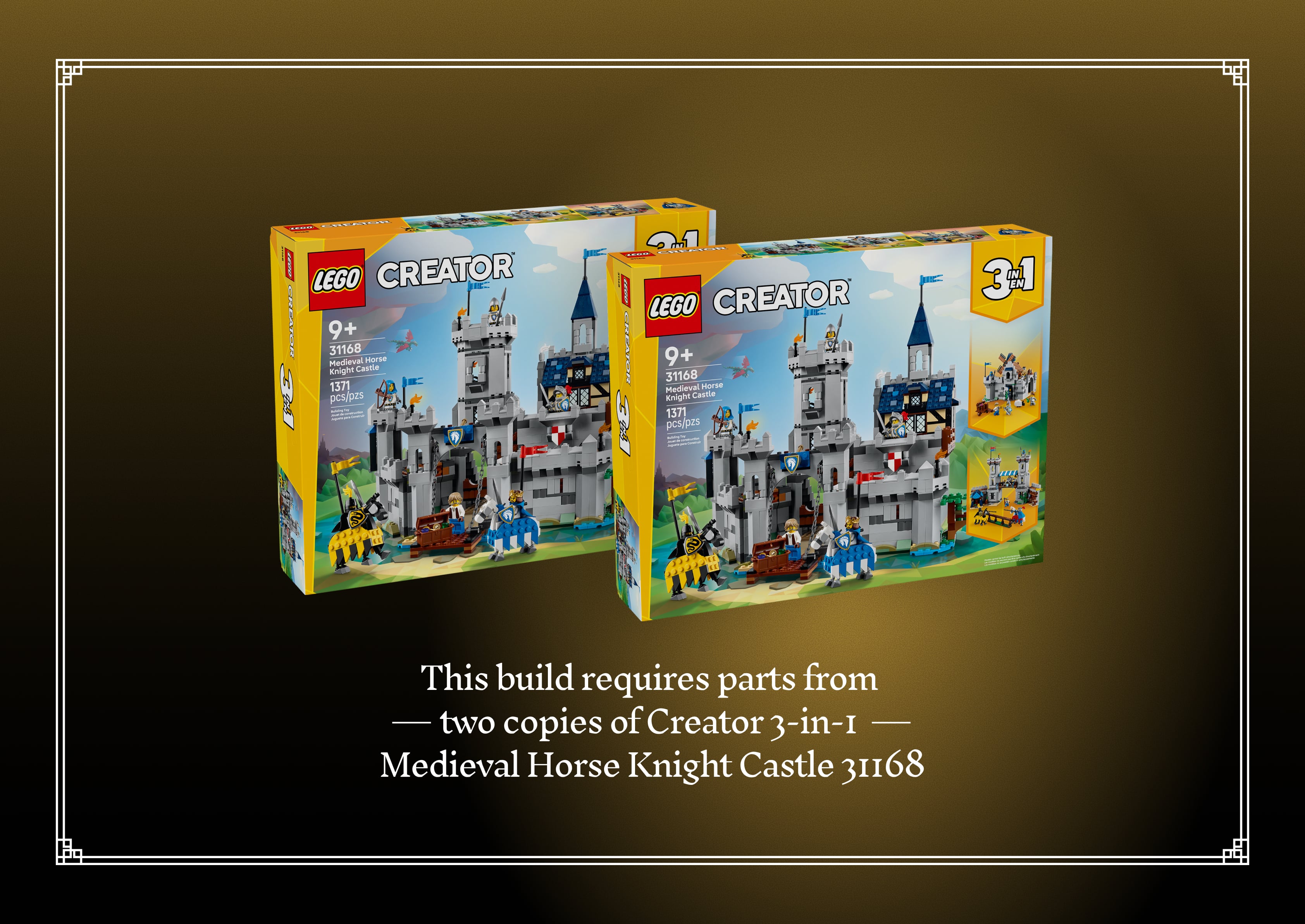 This build requires parts from two copies of Creator 3-in-1 Medieval Horse Knight Castle 31168