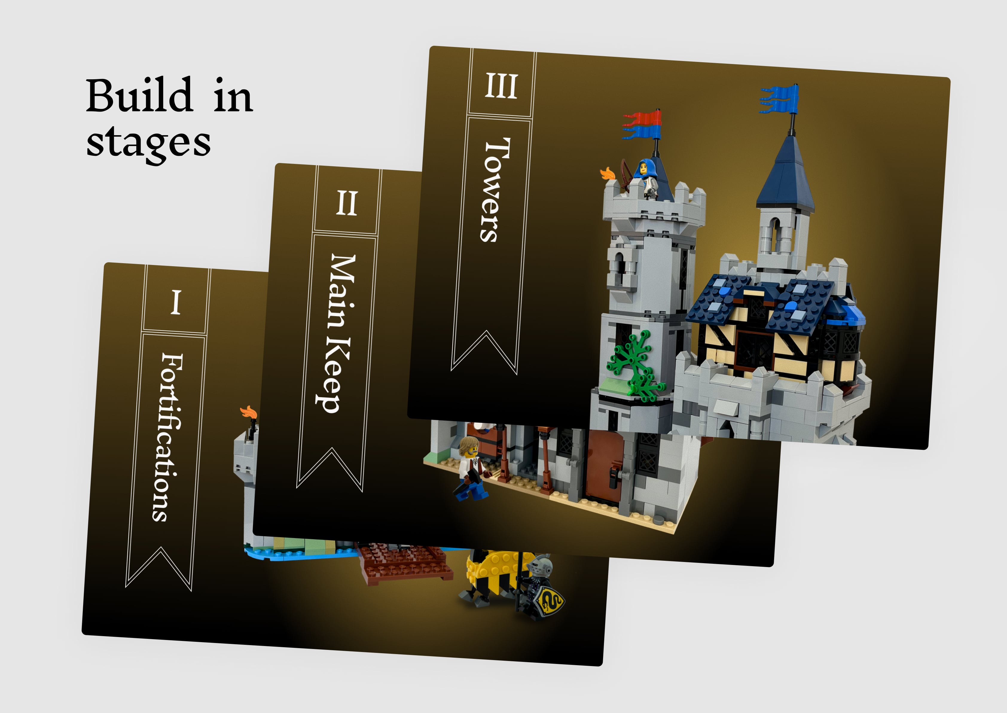 Build in stages: 1. Fortifications, 2. Main Keep, 3. Towers