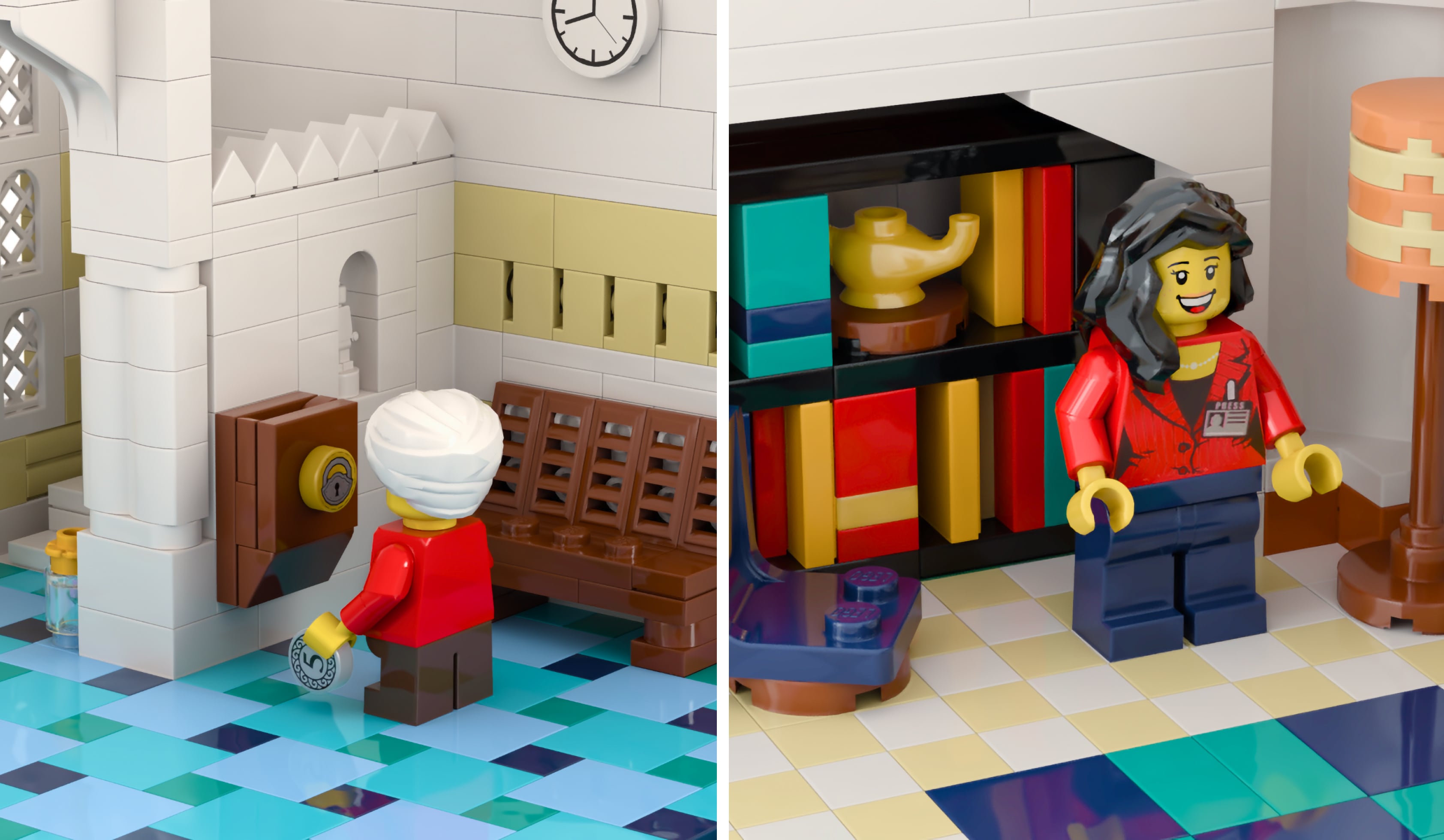 Interior details including a donation box and library book shelves